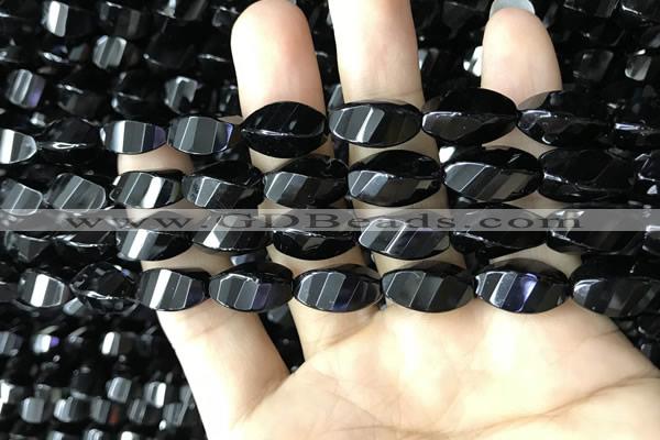 CAA2491 15.5 inches 8*16mm faceted & twisted rice black agate beads