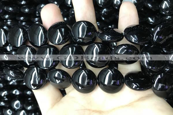 CAA2532 15.5 inches 25mm flat round black agate beads wholesale