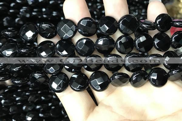 CAA2584 15.5 inches 18mm faceted coin black agate beads wholesale