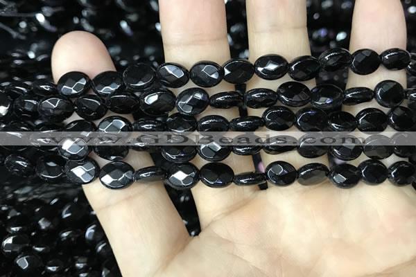 CAA2589 15.5 inches 6*8mm faceted oval black agate beads wholesale