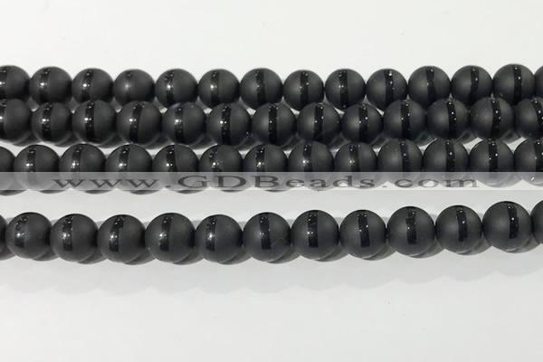 CAA3651 15.5 inches 8mm round matte & carved black agate beads