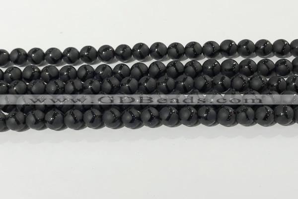 CAA3655 15.5 inches 6mm round matte & carved black agate beads