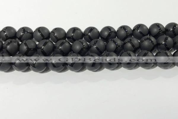 CAA3658 15.5 inches 12mm round matte & carved black agate beads