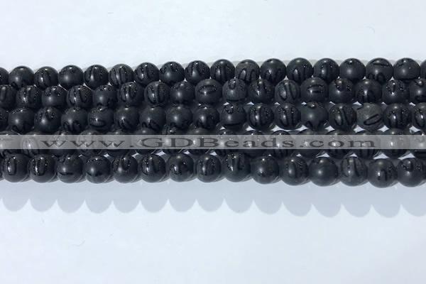 CAA3660 15.5 inches 6mm round matte & carved black agate beads