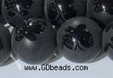 CAA3668 15.5 inches 12mm round matte & carved black agate beads