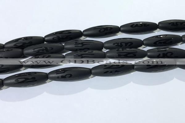 CAA3682 15.5 inches 10*30mm rice matte & carved black agate beads