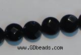 CAB809 15.5 inches 12mm faceted coin black gemstone agate beads