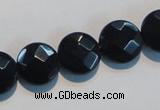 CAB810 15.5 inches 14mm faceted coin black gemstone agate beads