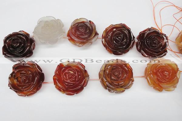 CAG1682 15.5 inches 38mm carved flower red agate gemstone beads