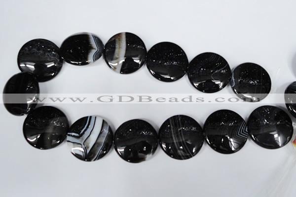 CAG2999 15.5 inches 30mm flat round black line agate beads