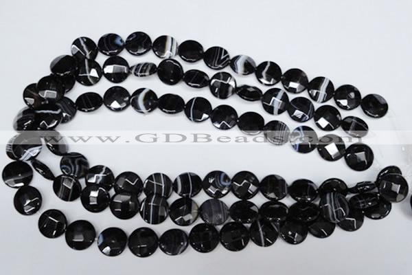 CAG3074 15.5 inches 16mm faceted coin black line agate beads