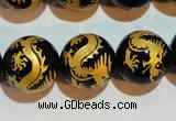 CAG3383 15.5 inches 16mm carved round black agate beads wholesale