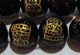 CAG3387 15.5 inches 14mm carved round black agate beads wholesale