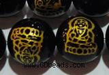 CAG3388 15.5 inches 16mm carved round black agate beads wholesale