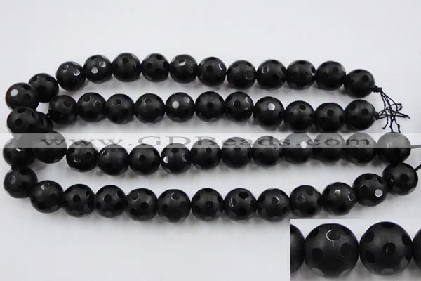 CAG3675 15.5 inches 16mm carved round matte black agate beads