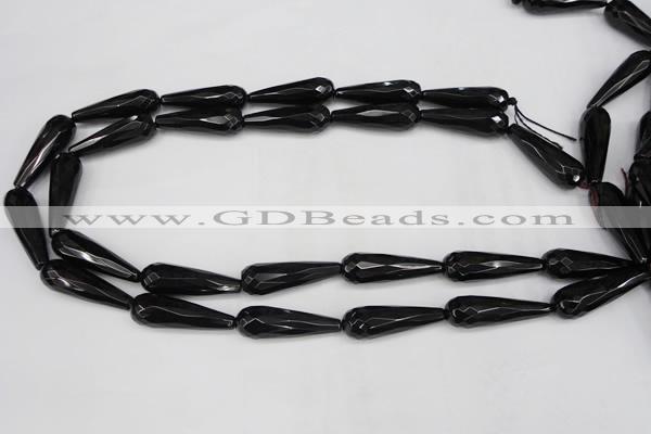 CAG5064 15.5 inches 10*30mm faceted teardrop black agate beads