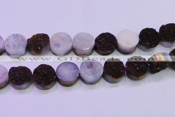 CAG8405 7.5 inches 30mm coin purple plated druzy agate beads