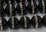 CAG8633 15.5 inches 14mm round black agate with rhinestone beads