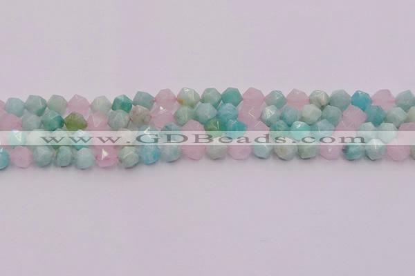 CAM1442 15.5 inches 8mm faceted nuggets amazonite & rose quartz beads