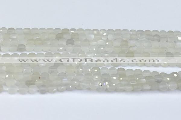 CCB1131 15 inches 4mm faceted coin white moonstone beads