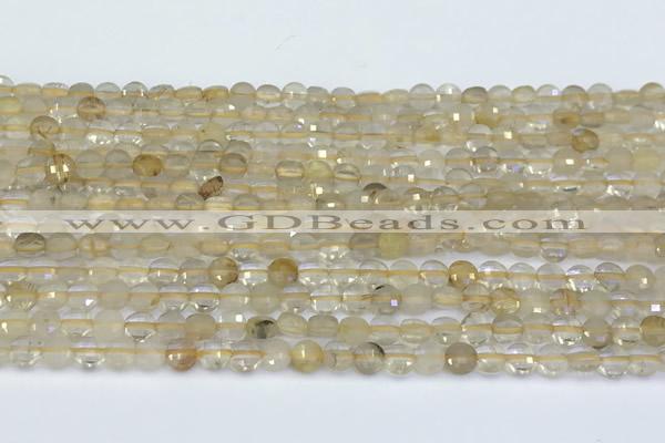 CCB1162 15 inches 4mm faceted coin golden rutilated beads