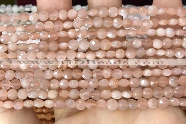 CCB543 15.5 inches 4mm faceted coin peach moonstone beads