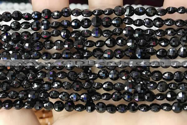 CCB549 15.5 inches 4mm faceted coin black tourmaline beads