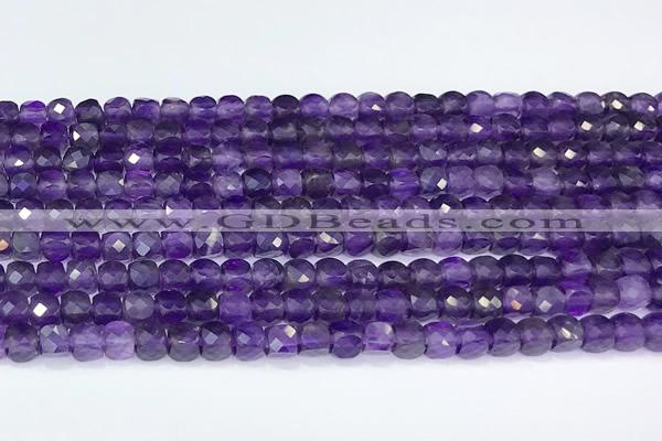 CCU840 15 inches 4mm faceted cube amethyst beads