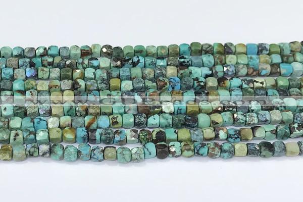 CCU845 15 inches 4mm faceted cube turquoise beads