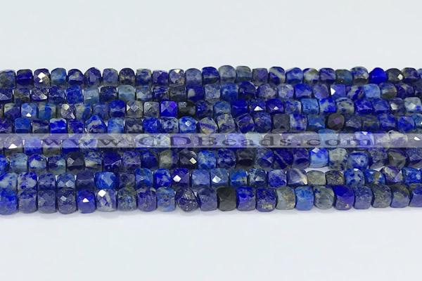 CCU854 15 inches 4mm faceted cube lapis lazuli beads