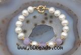 CFB1006 Hand-knotted 9mm - 10mm potato white freshwater pearl & lavender amethyst bracelet