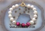 CFB1027 Hand-knotted 9mm - 10mm potato white freshwater pearl & red tiger eye bracelet