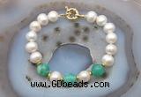 CFB1033 Hand-knotted 9mm - 10mm potato white freshwater pearl & peafowl agate bracelet