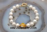 CFB1037 Hand-knotted 9mm - 10mm potato white freshwater pearl & yellow banded agate bracelet