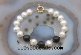 CFB1057 Hand-knotted 9mm - 10mm potato white freshwater pearl & black obsidian bracelet