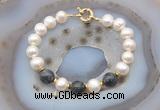 CFB1061 Hand-knotted 9mm - 10mm potato white freshwater pearl & black labradorite bracelet