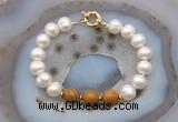 CFB1069 Hand-knotted 9mm - 10mm potato white freshwater pearl & wooden jasper bracelet