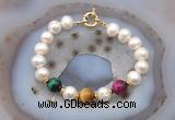 CFB1074 Hand-knotted 9mm - 10mm potato white freshwater pearl & colorful tiger eye bracelet