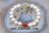 CFB1078 Hand-knotted 9mm - 10mm potato white freshwater pearl & red agate bracelet