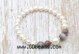 CFB607 6-7mm potato white freshwater pearl & Botswana agate stretchy bracelet