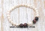 CFB619 6-7mm potato white freshwater pearl & red tiger eye stretchy bracelet