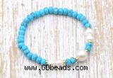 CFB705 faceted rondelle turquoise & potato white freshwater pearl stretchy bracelet