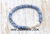 CFB719 faceted rondelle blue spot stone & potato white freshwater pearl stretchy bracelet