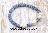 CFB720 faceted rondelle blue spot stone & potato white freshwater pearl stretchy bracelet