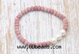 CFB728 faceted rondelle pink wooden jasper & potato white freshwater pearl stretchy bracelet