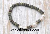 CFB744 faceted rondelle dragon blood jasper & potato white freshwater pearl stretchy bracelet