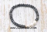 CFB752 faceted rondelle black labradorite & potato white freshwater pearl stretchy bracelet