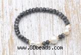 CFB753 faceted rondelle black labradorite & potato white freshwater pearl stretchy bracelet