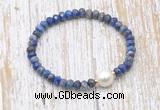 CFB772 faceted rondelle lapis lazuli & potato white freshwater pearl stretchy bracelet