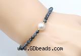 CFB829 4mm faceted round snowflake obsidian & potato white freshwater pearl bracelet